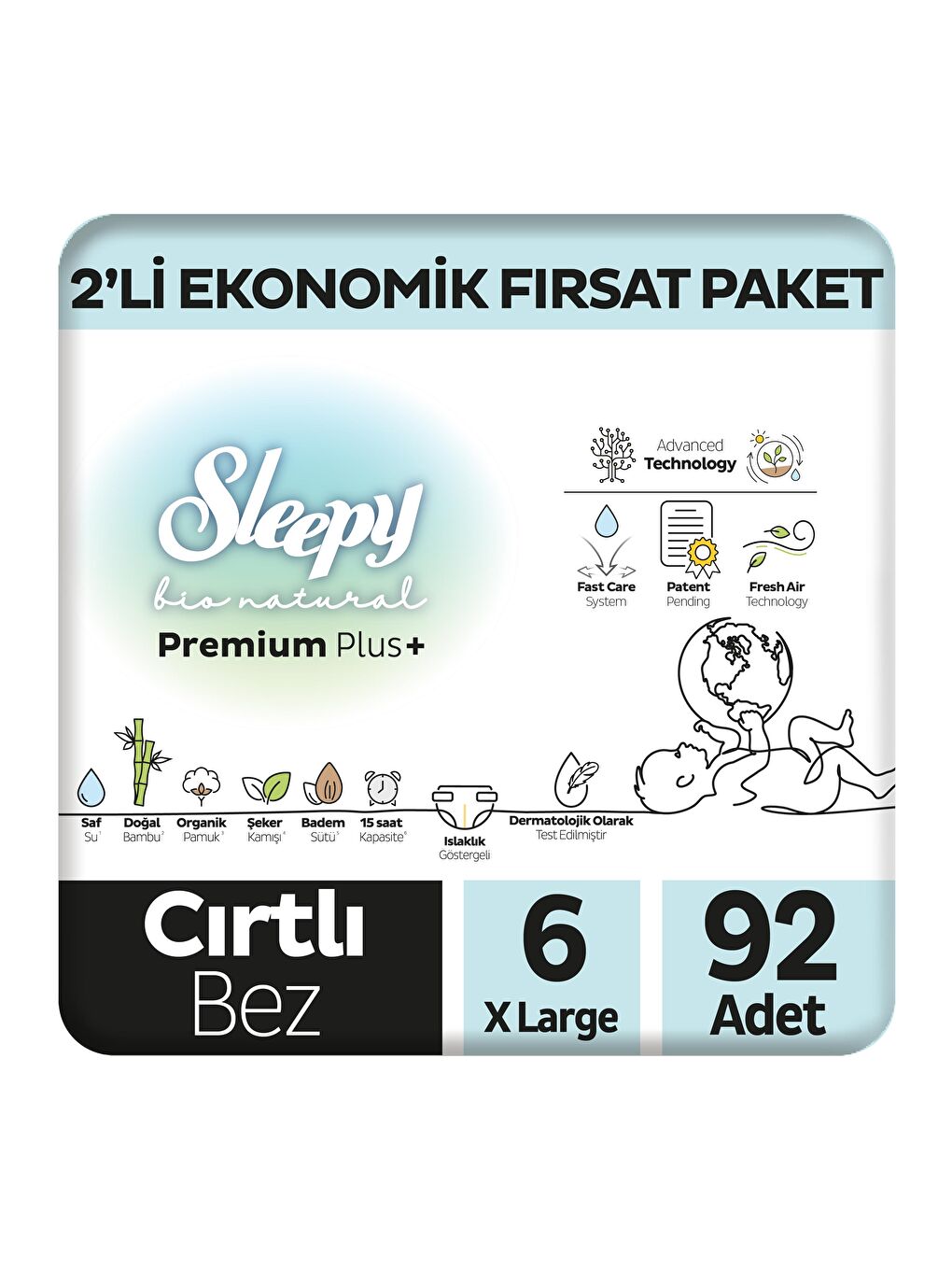 Sleepy Bio Natural Premium Plus 2'li Ekonomik Fırsat Paketi Bebek Bezi 6 Numara Xlarge 92 Adet