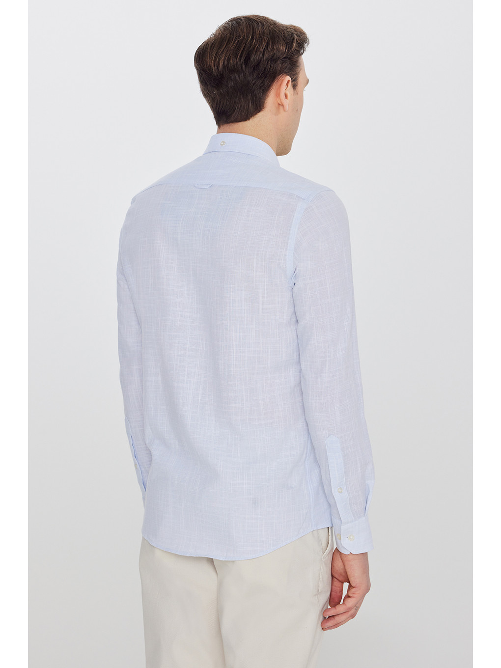 Erkek Mavi Slim Fit Dar Kesim Düğmeli Yaka Armürlü Gömlek-4