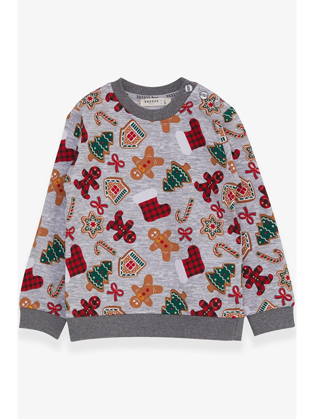 Bej Erkek Çocuk Sweatshirt Kurabiye Desenli Gri Melanj (1.5 Yaş)