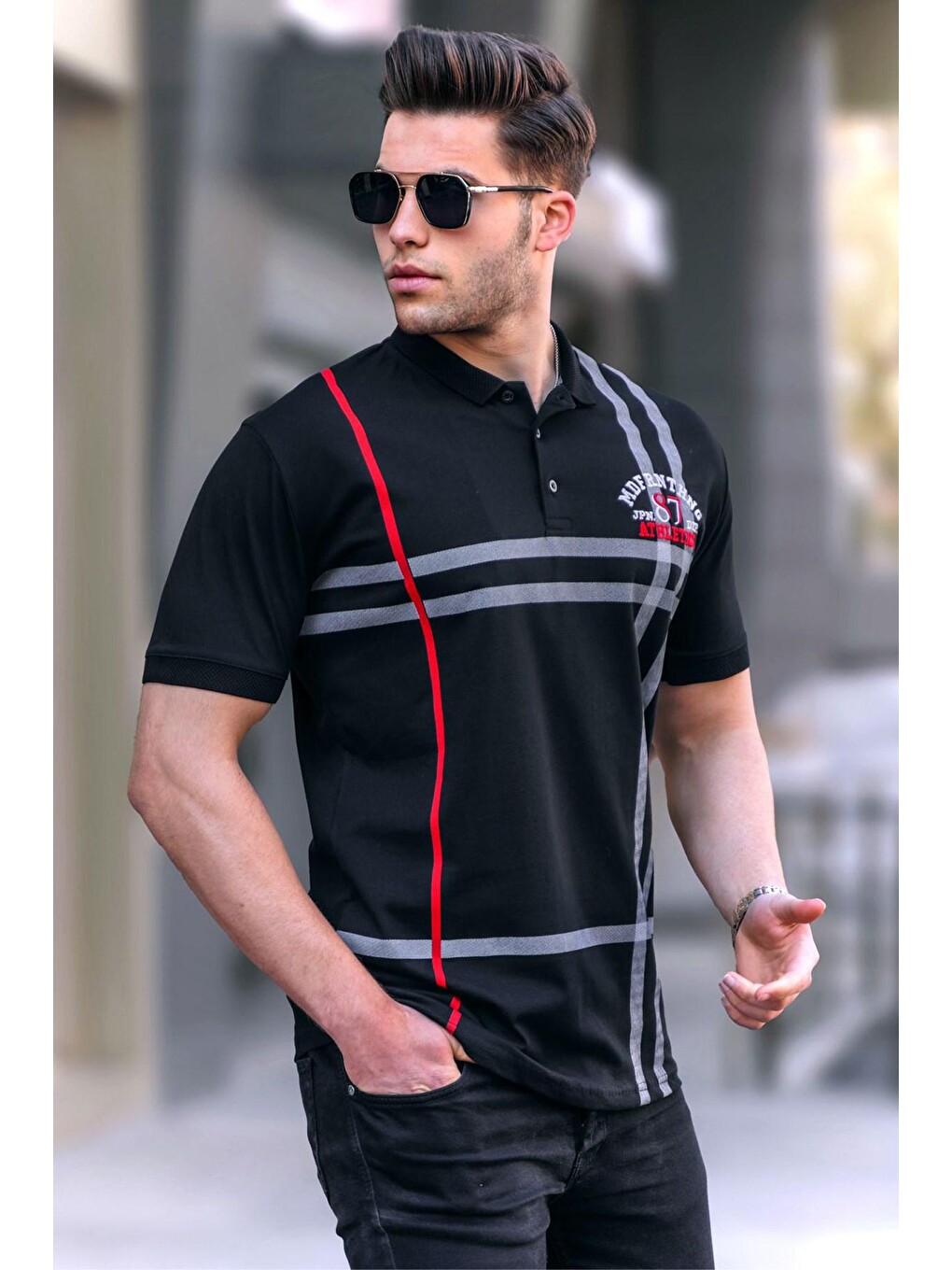 Siyah Desenli Polo Yaka Erkek Tişört 5872