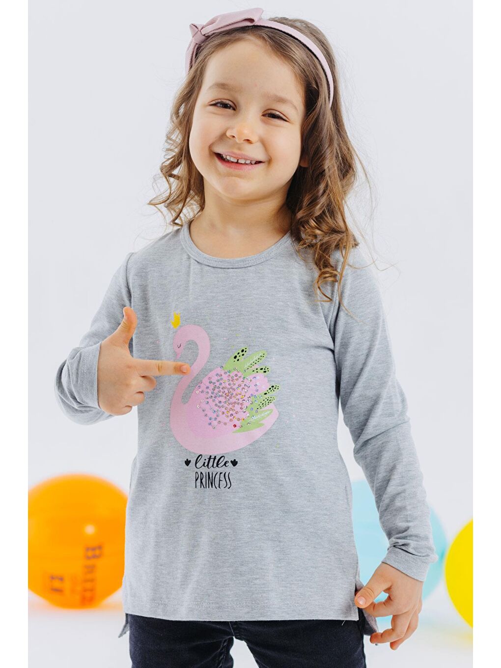 Kız Çocuk Uzun Kollu Tişört Prenses Kuğu Baskılı Pullu Gri Melanj (2-6 Yaş)-4