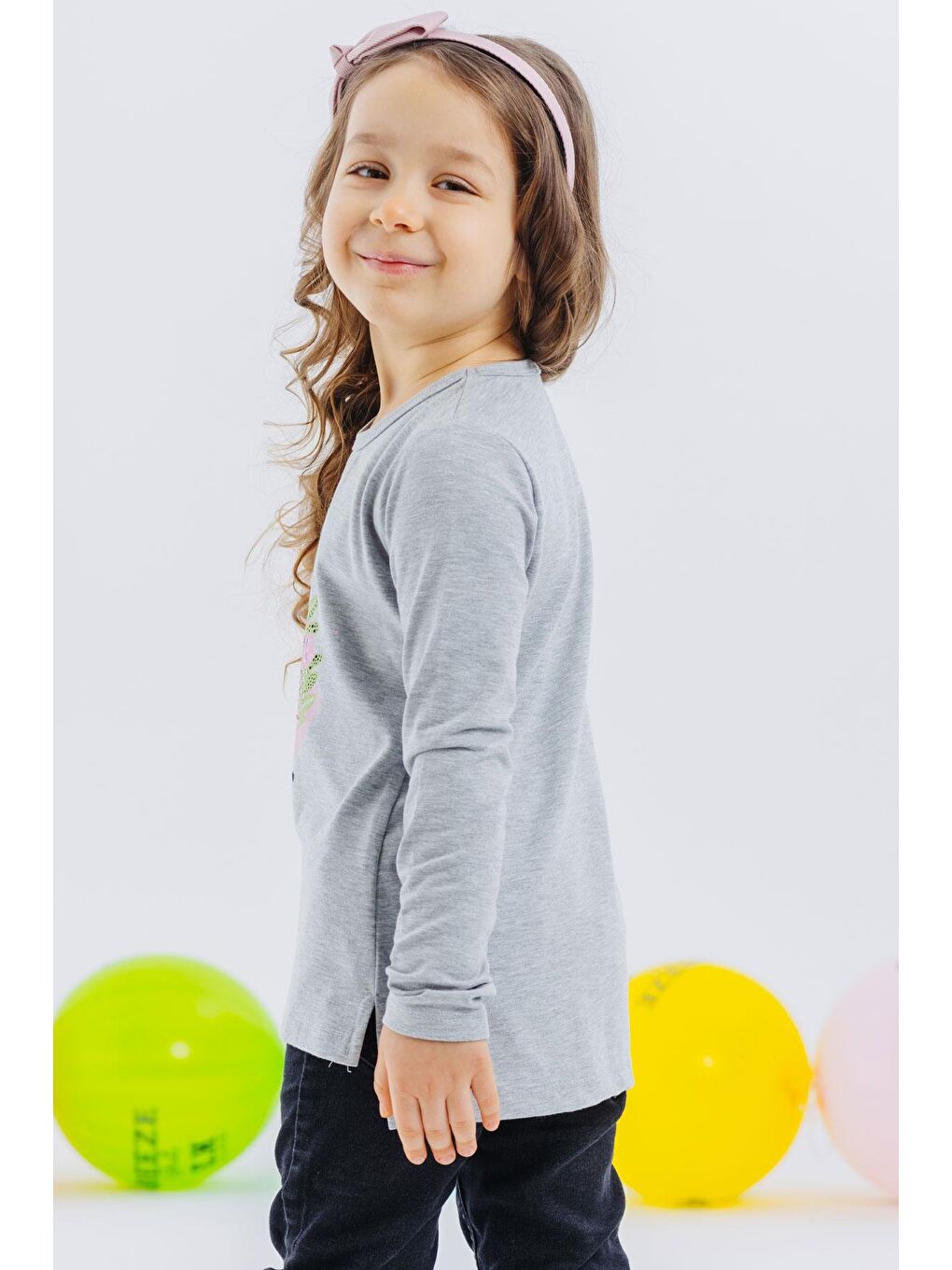 Kız Çocuk Uzun Kollu Tişört Prenses Kuğu Baskılı Pullu Gri Melanj (2-6 Yaş)-5