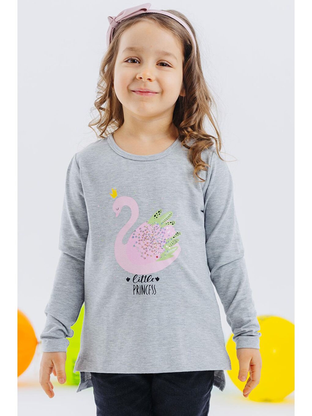 Kız Çocuk Uzun Kollu Tişört Prenses Kuğu Baskılı Pullu Gri Melanj (2-6 Yaş)-6