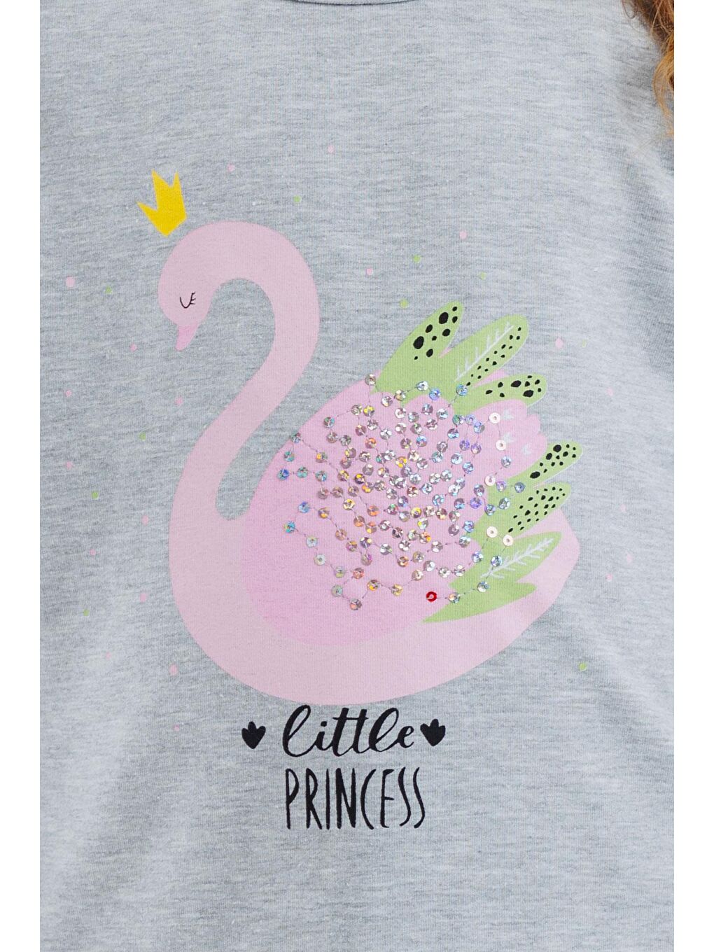 Kız Çocuk Uzun Kollu Tişört Prenses Kuğu Baskılı Pullu Gri Melanj (2-6 Yaş)-7