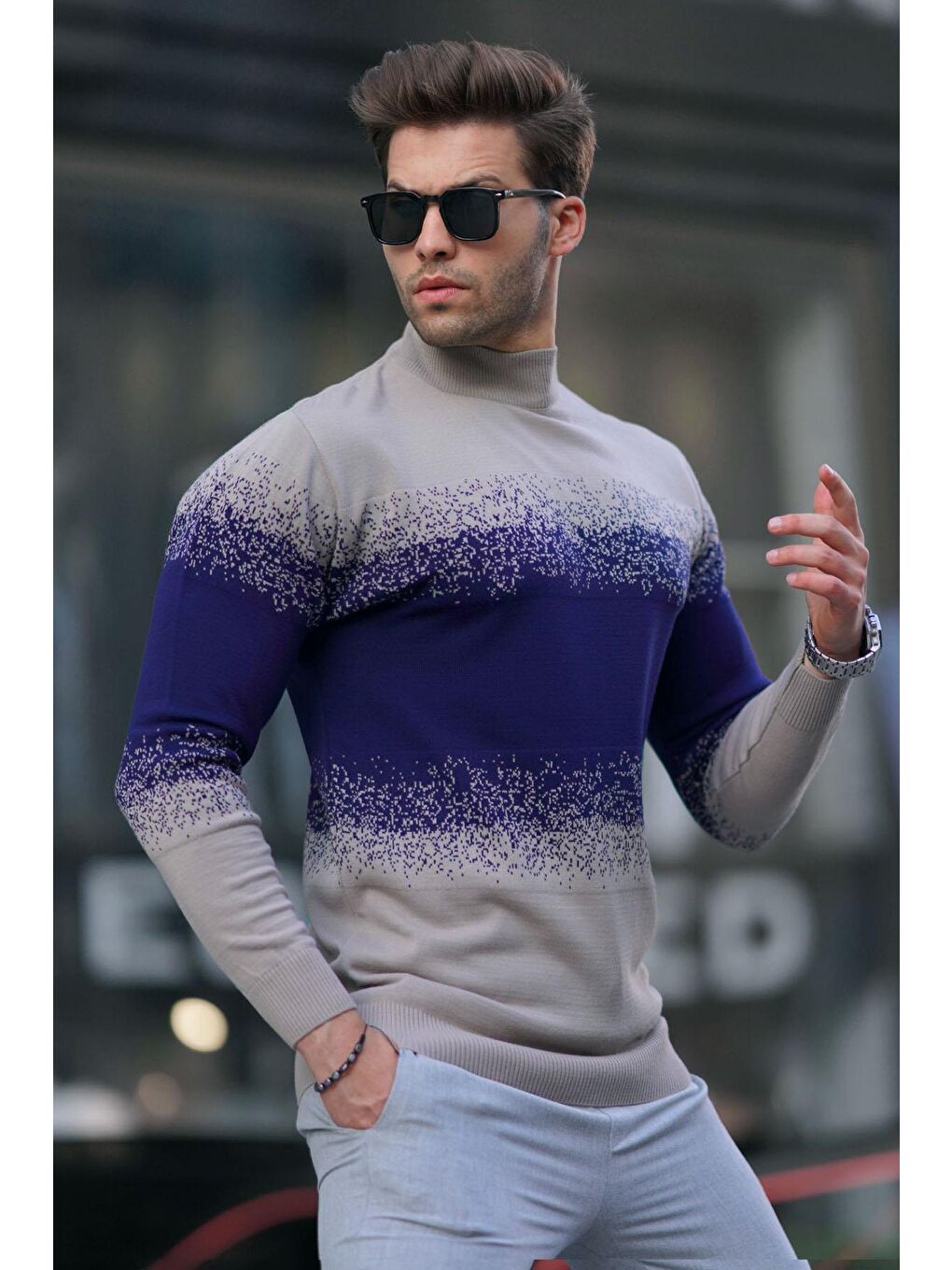 Bej Vizon Balıkçı Yaka Desenli Kazak 6845