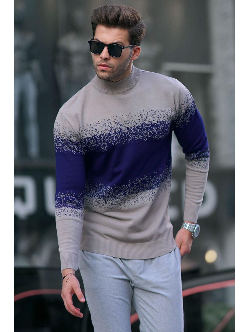 Bej Vizon Balıkçı Yaka Desenli Kazak 6845-1