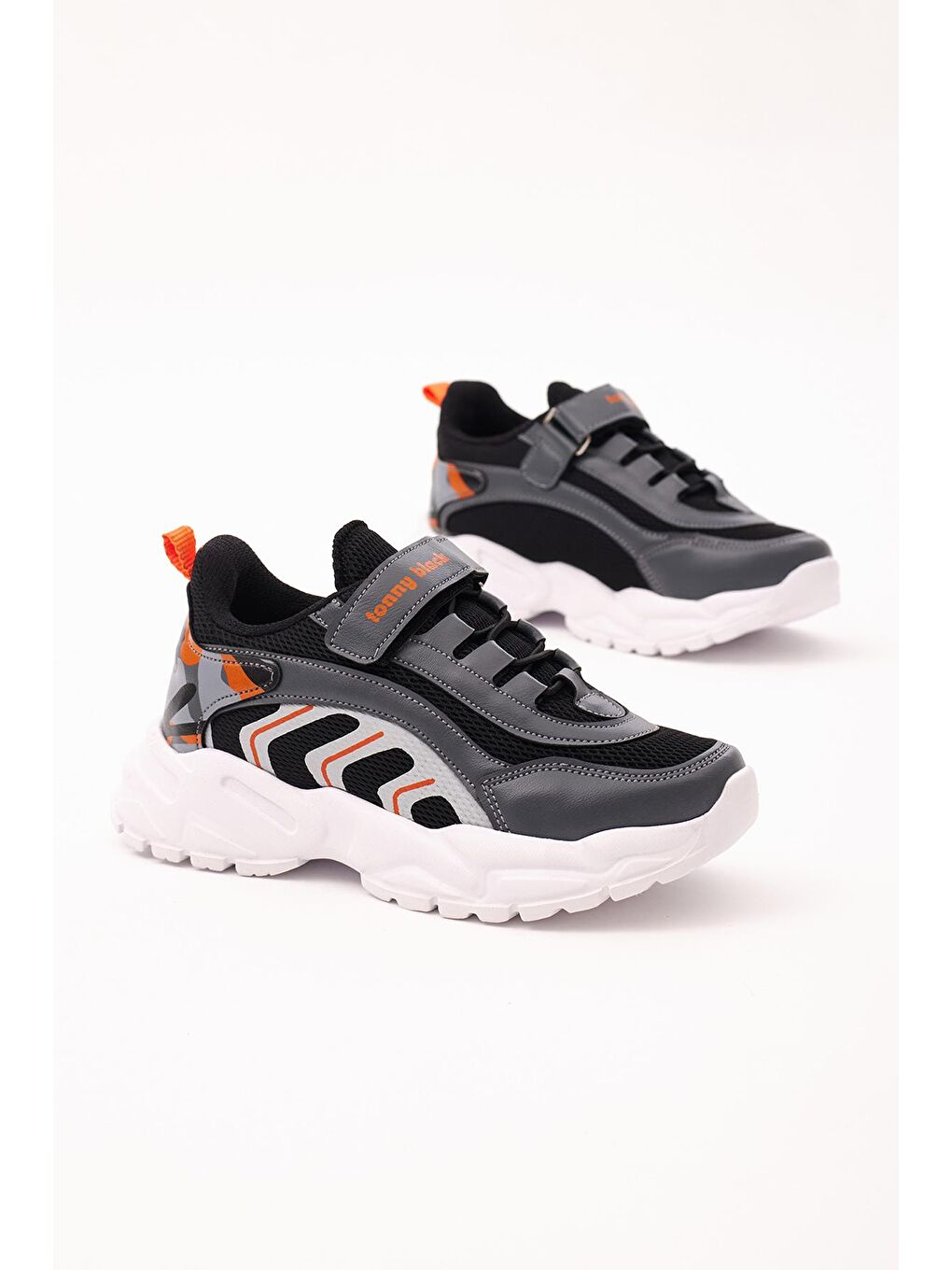 Gri Çocuk Unisex Füme Oranj Rahat Kalıp Lastik Bağcıklı Cırtlı Spor Ayakkabı