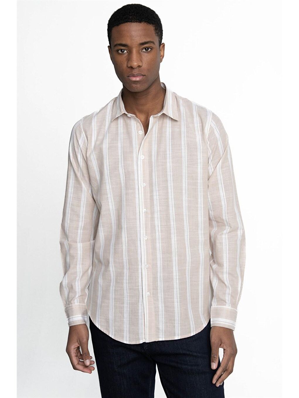 Bej Slim Fit Uzun Kol Çizgili Yaka İçi Biyeli Ketenli Erkek Gömlek-1
