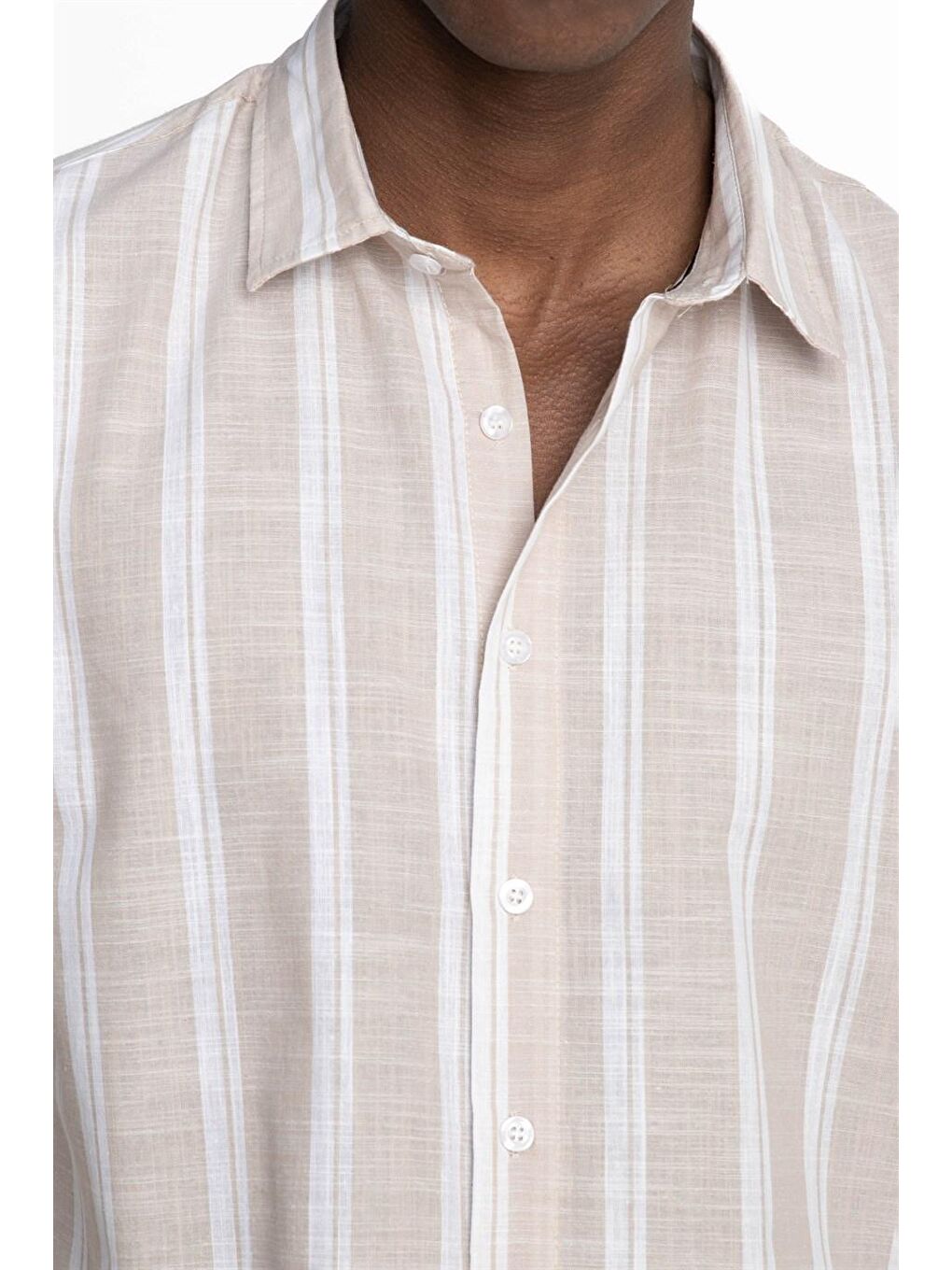 Bej Slim Fit Uzun Kol Çizgili Yaka İçi Biyeli Ketenli Erkek Gömlek-2