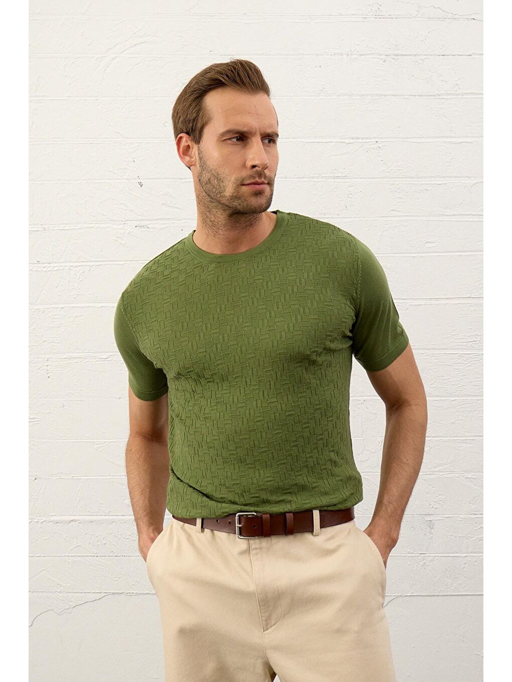 Erkek Desenli Bisiklet Yaka Slim-Fit Kalıp İnce Triko Tişört Yeşil-6