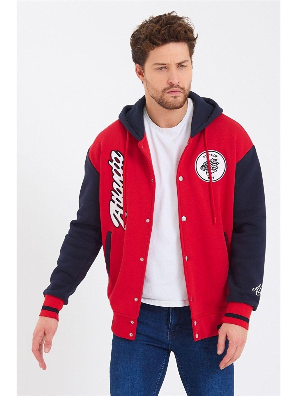 Kırmızı Erkek Nakışlı Kapüşonlu Kolej Ceket