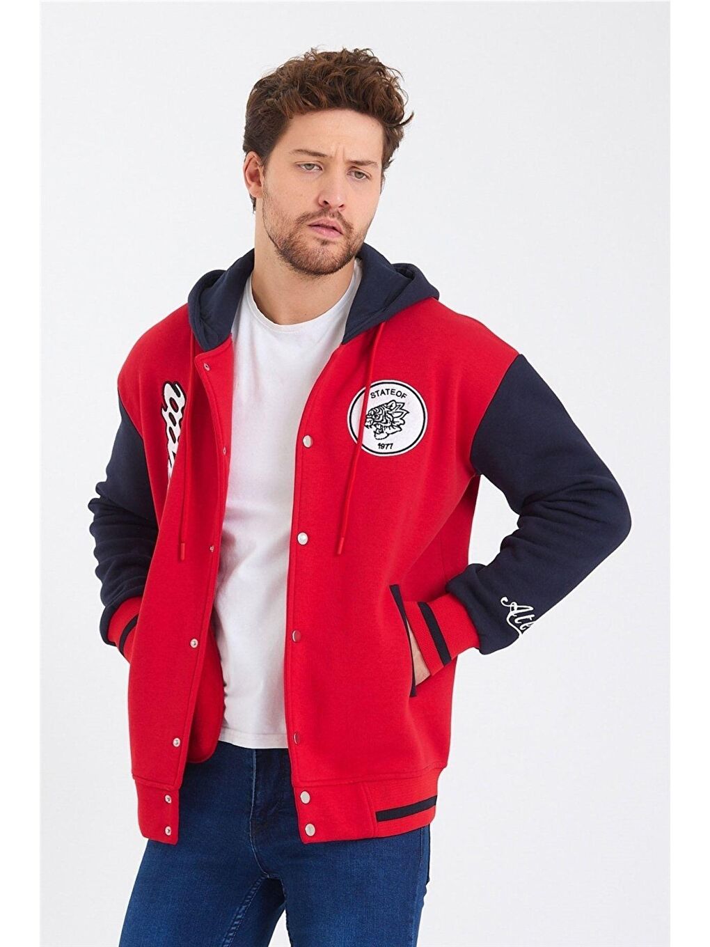 Kırmızı Erkek Nakışlı Kapüşonlu Kolej Ceket-1