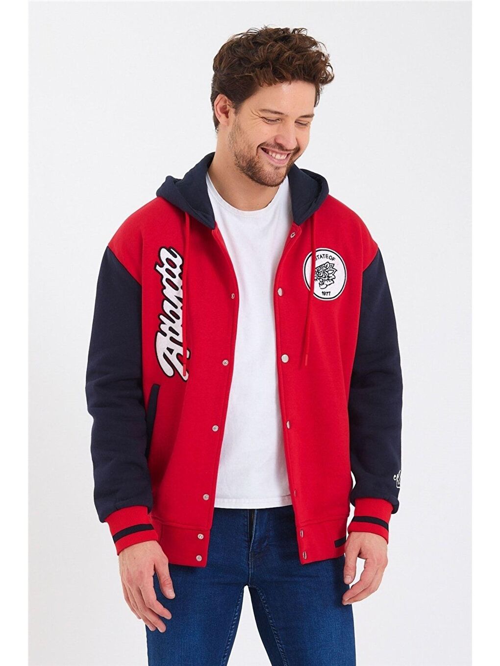Kırmızı Erkek Nakışlı Kapüşonlu Kolej Ceket-2