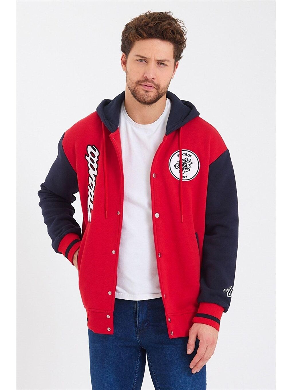 Kırmızı Erkek Nakışlı Kapüşonlu Kolej Ceket-4