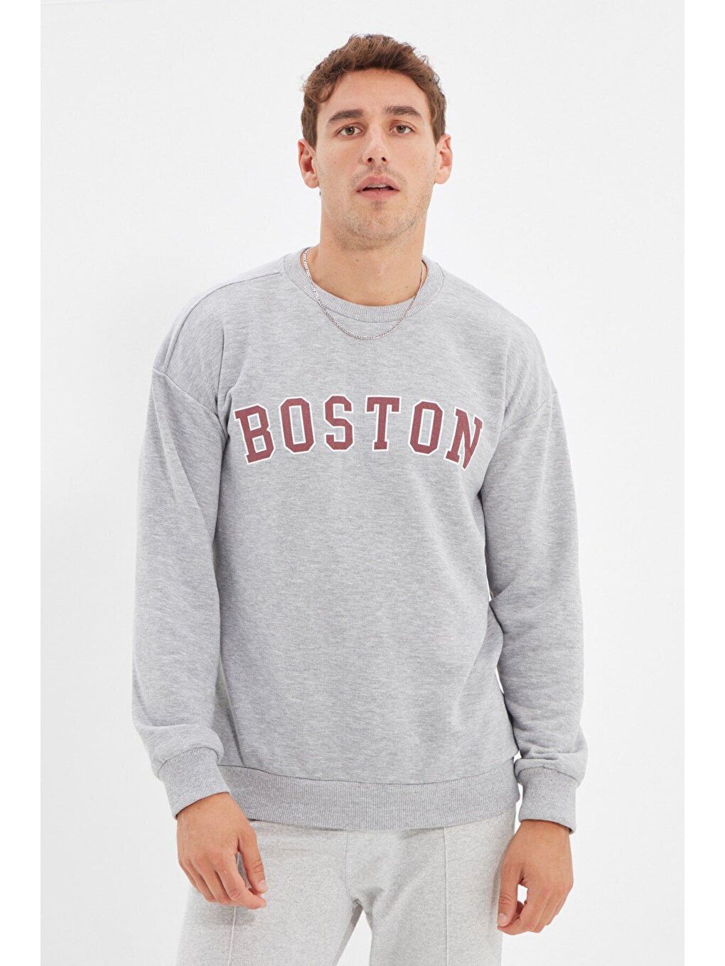 Gri Erkek Boston Baskı Uzun Kollu Bisiklet Yaka Baskılı Sweatshirt