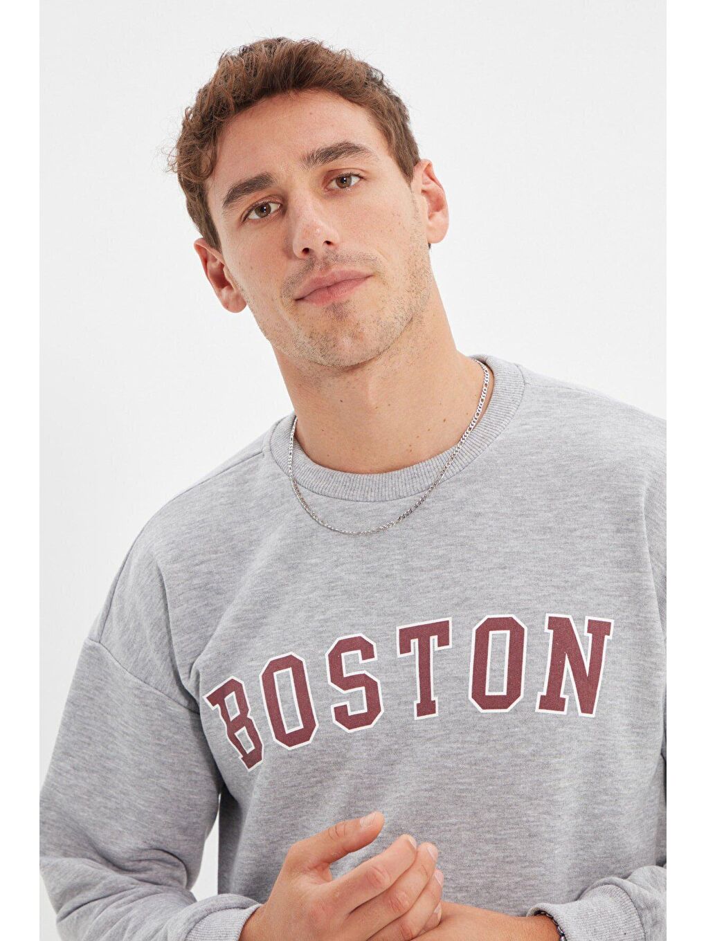 Gri Erkek Boston Baskı Uzun Kollu Bisiklet Yaka Baskılı Sweatshirt-1