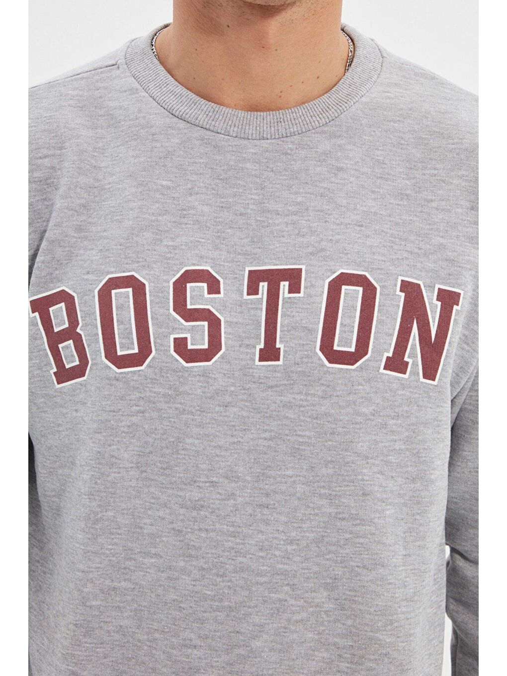 Gri Erkek Boston Baskı Uzun Kollu Bisiklet Yaka Baskılı Sweatshirt-2