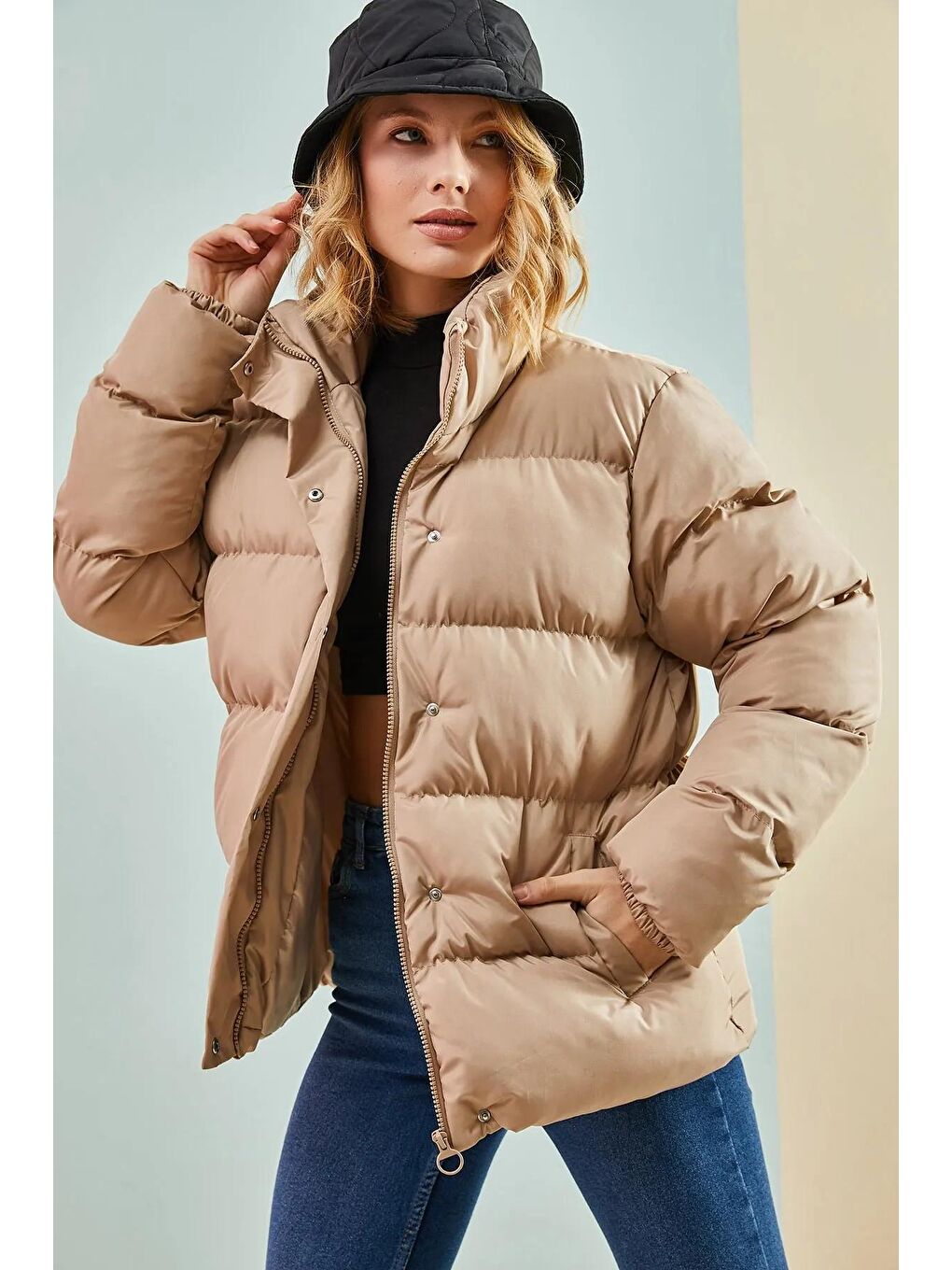 Kahverengi Kadın Önü Patlı Yakalı Şişme Mont-1