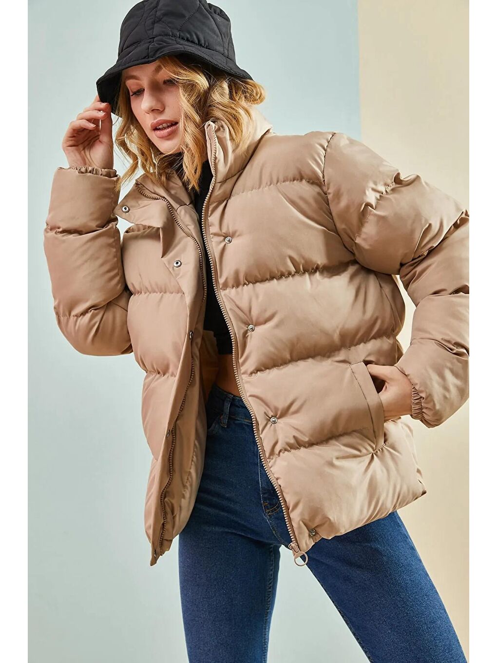 Kahverengi Kadın Önü Patlı Yakalı Şişme Mont-2