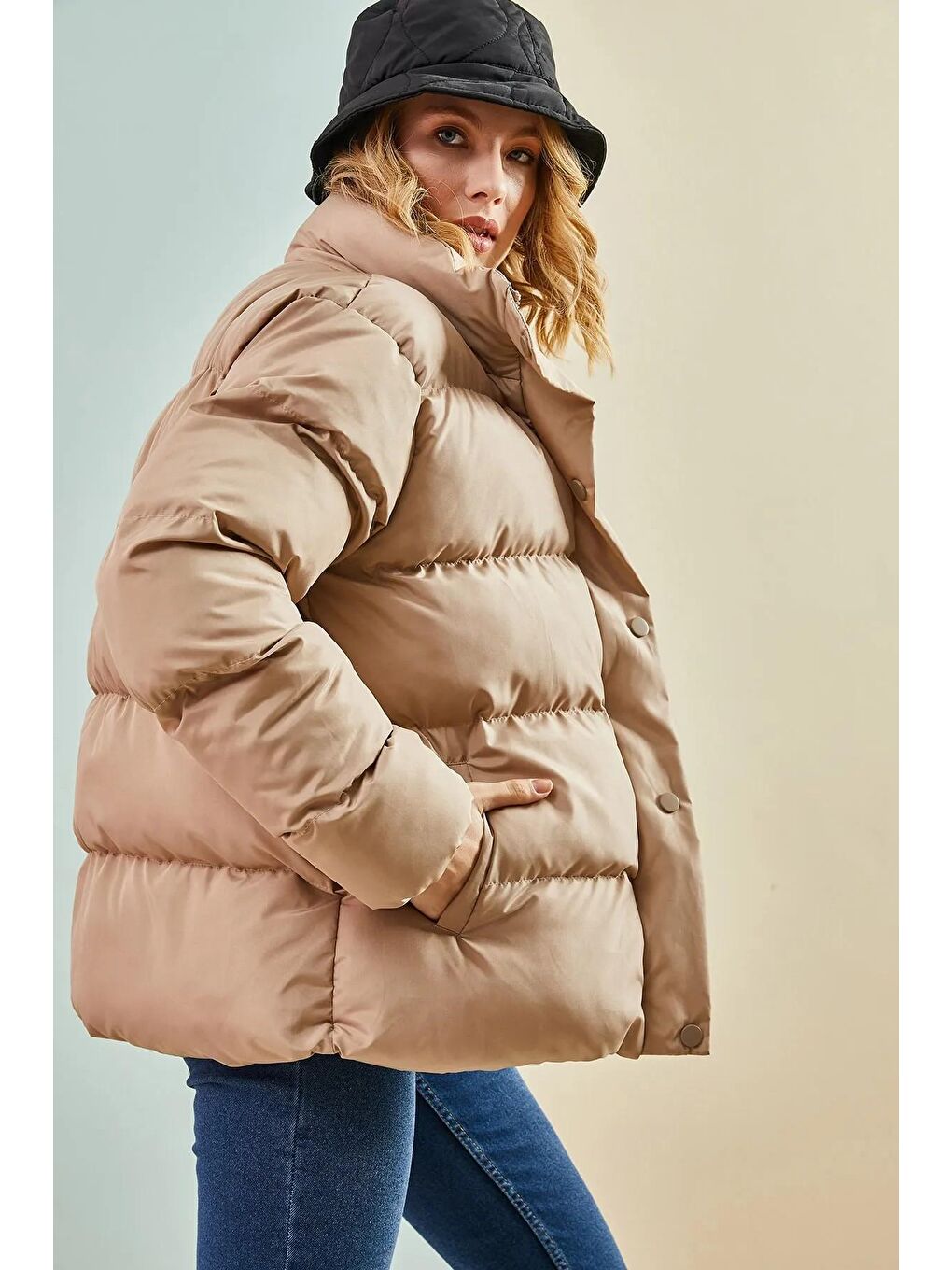 Kahverengi Kadın Önü Patlı Yakalı Şişme Mont-3