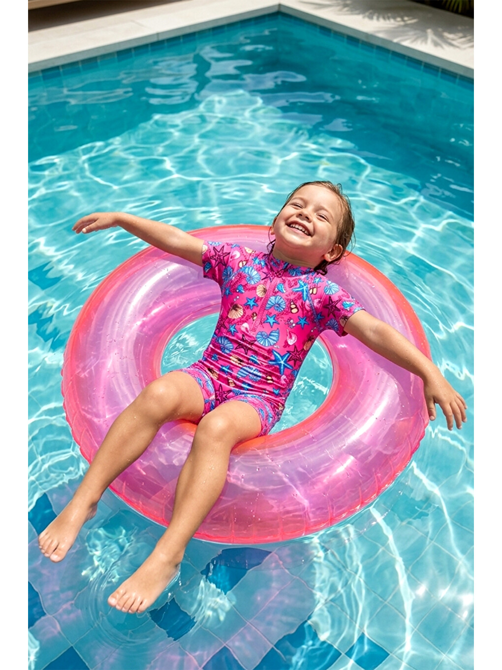 Pembe Uv Korumalı Tulum Kısa Kollu Şortlu Çocuk Bebek Yüzücü Mayo C64 Pink