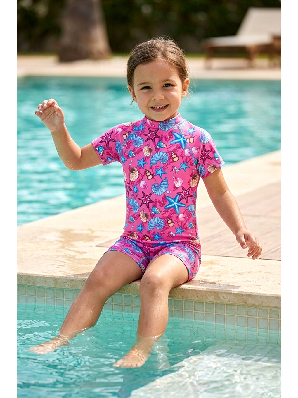 Pembe Uv Korumalı Tulum Kısa Kollu Şortlu Çocuk Bebek Yüzücü Mayo C64 Pink-1
