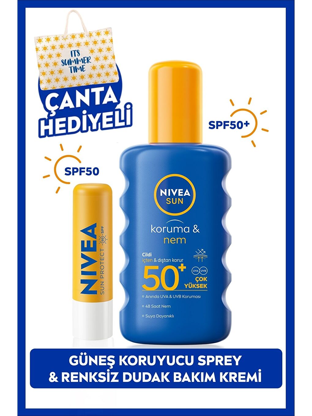 SUN Koruma ve Nem Vücut Spreyi 200ml ve Yüksek Güneş Korumalı Dudak Bakım Kremi, SPF50, Çanta Hediye
