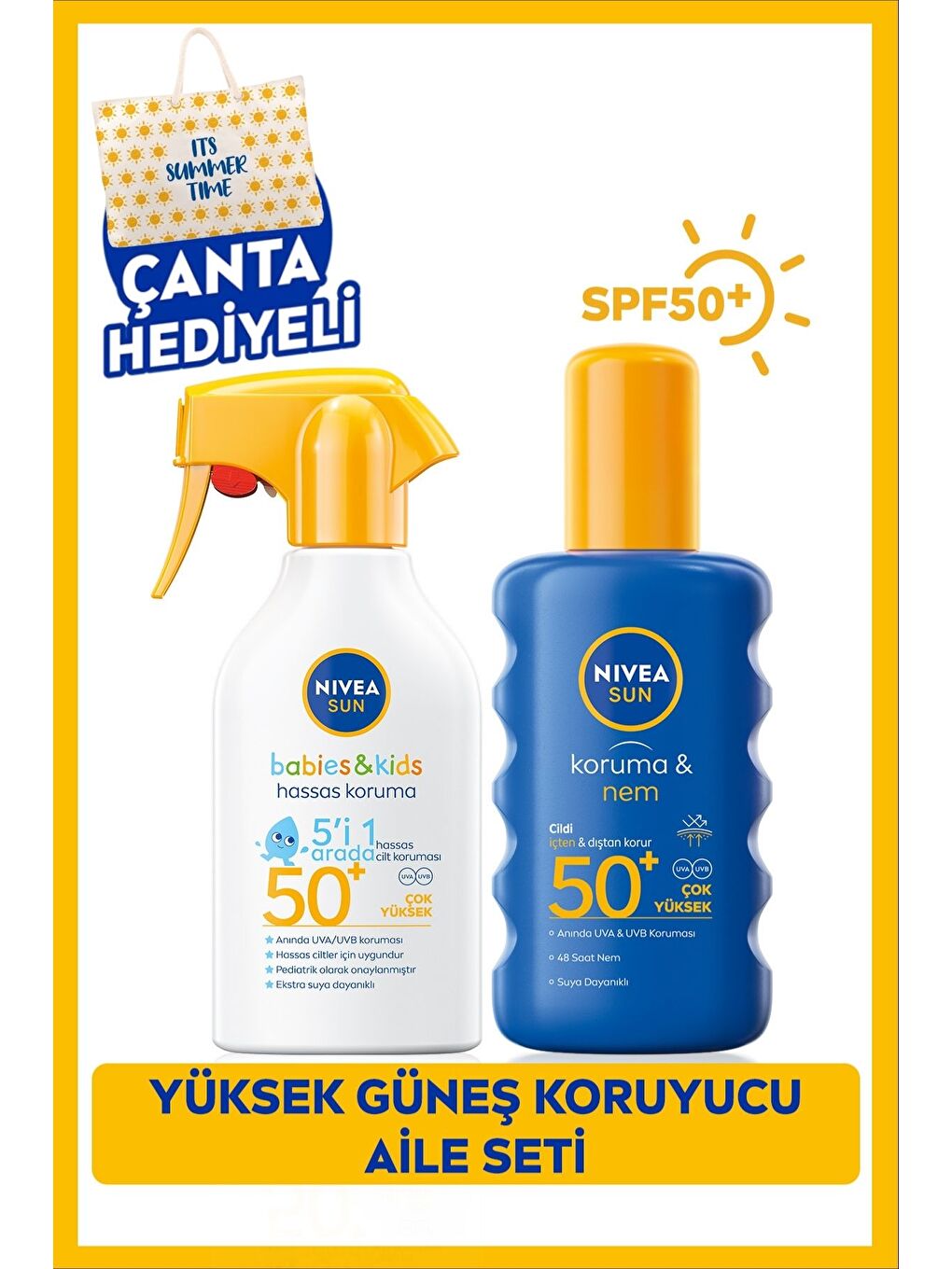 NIVEA SUN Çocuklar İçin Güneş Spreyi 270ml ve Yüksek Güneş Koruyucu Vücut Spreyi 200ml, SPF50,Çanta Hediye