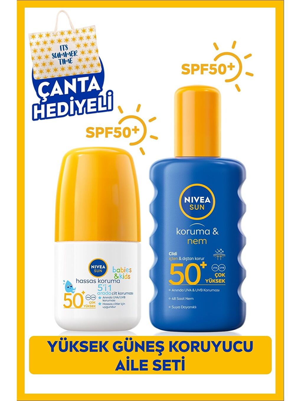 SUN Çocuklar İçin Hassas Güneş Koruyucu Roll-on 50ml ve Güneş Spreyi 200ml, Plaj Çantası Hediye