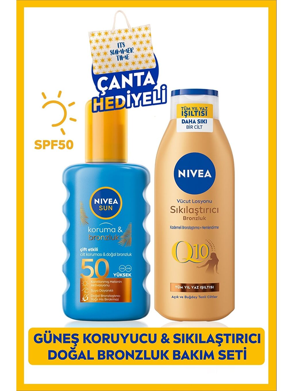 SUN Koruma Bronzluk Güneş Spreyi 200ml ve Q10 Sıkılaştırıcı Bronzlaştırıcı Losyon 200ml,Çanta Hediye