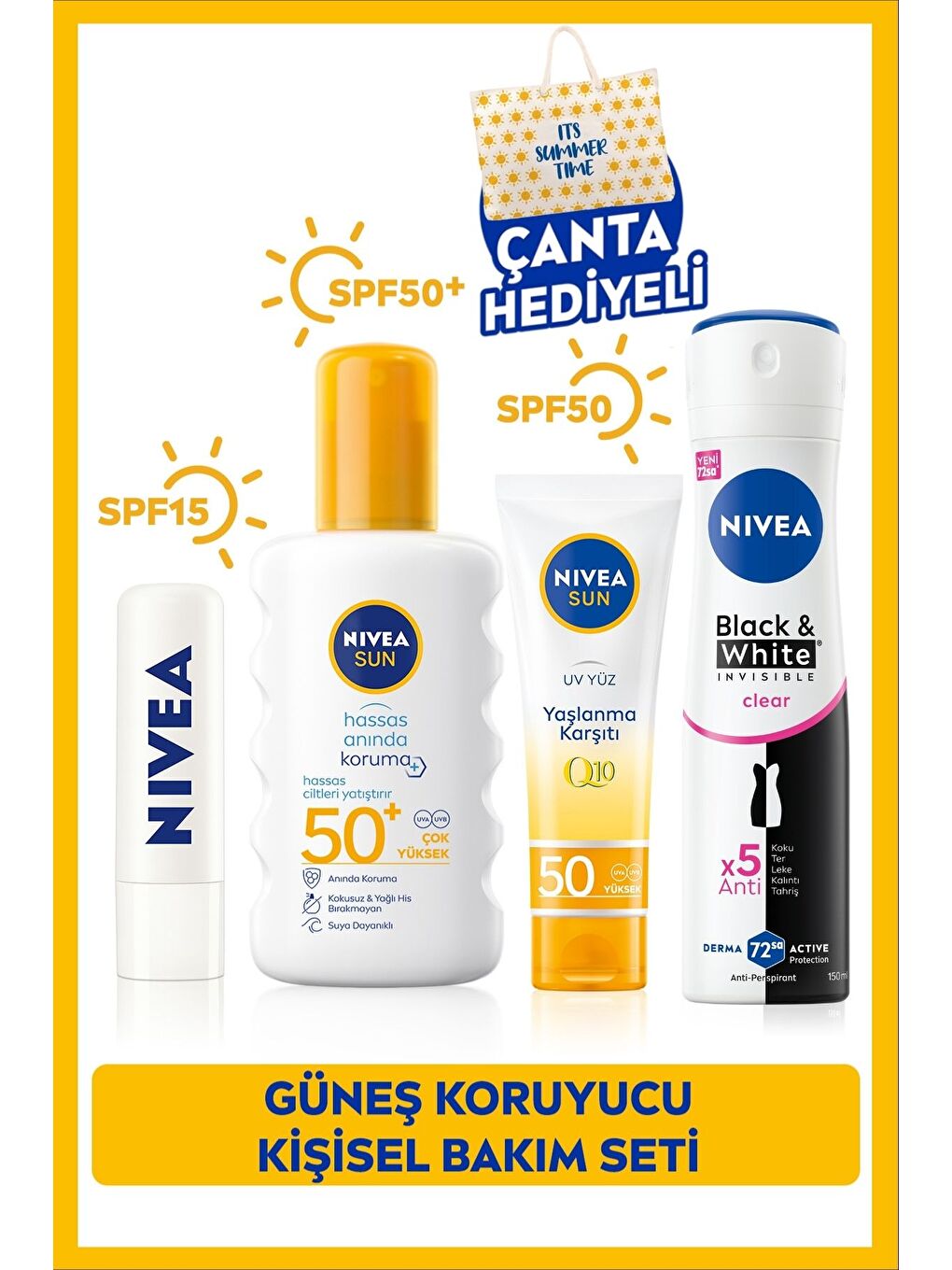 SUN Güneş Koruyucu Sprey 200ml, Q10 Yüz Kremi 50ml, Dudak Bakım Kremi, Deodorant 150ml, Çanta Hediye