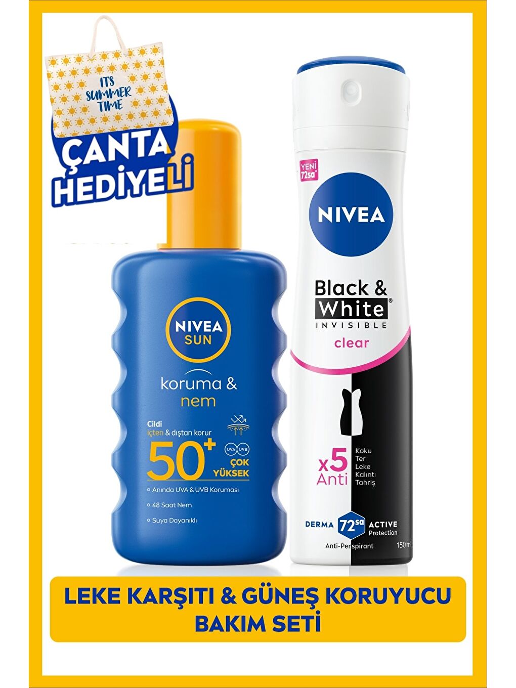 SUN Güneş Koruyucu Vücut Spreyi 200ml ve Deodorant Black&White Invisible Fresh 150ml, Çanta Hediye
