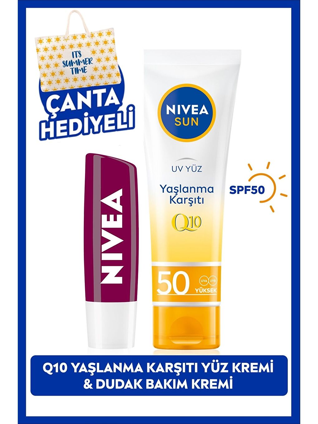 SUN Q10 Yaşlanma Karşıtı Güneş Koruyucu Yüz Kremi 50ml ve Böğürtlen Dudak Bakım Kremi, Çanta Hediye