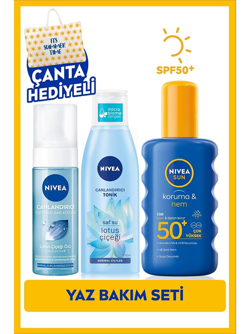 SUN Güneş Koruyucu Vücut Spreyi 200ml SPF50, Yüz Temizleme Köpüğü 150ml, Tonik 200ml, Çanta Hediye