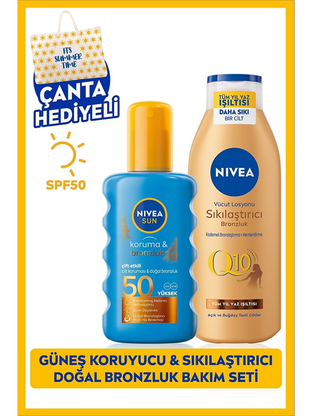 SUN Koruma Bronzluk Güneş Spreyi 200ml ve Q10 Sıkılaştırıcı Bronzlaştırıcı Losyon 200ml,Çanta Hediye