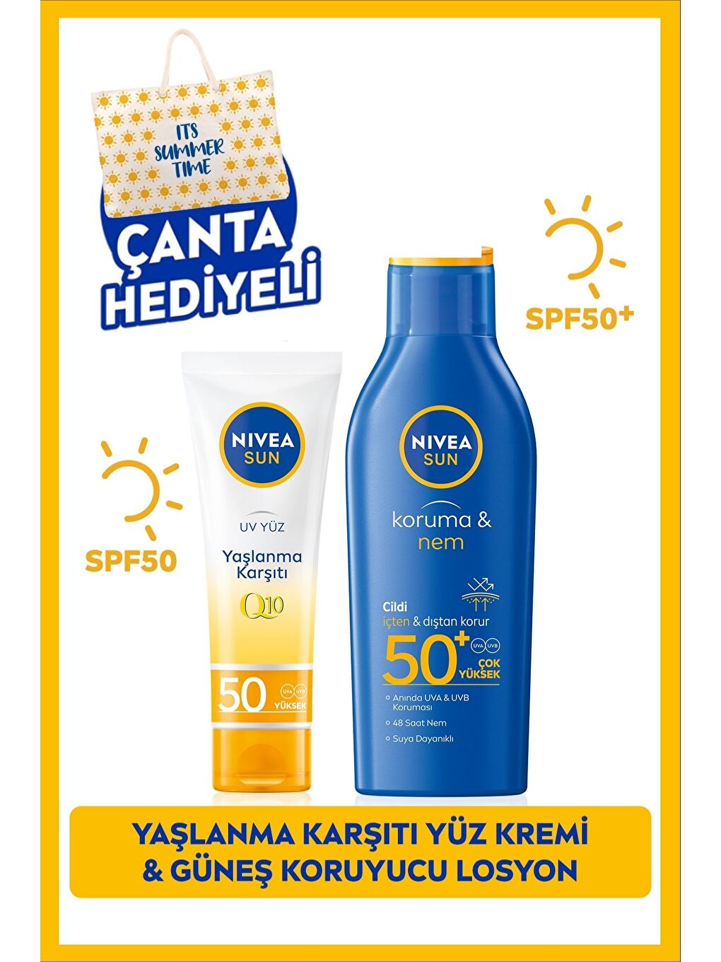 SUN Güneş Koruyucu Vücut Losyonu 200ml ve Q10 Yaşlanma Karşıtı Yüz Kremi 50ml, SPF50, Çanta