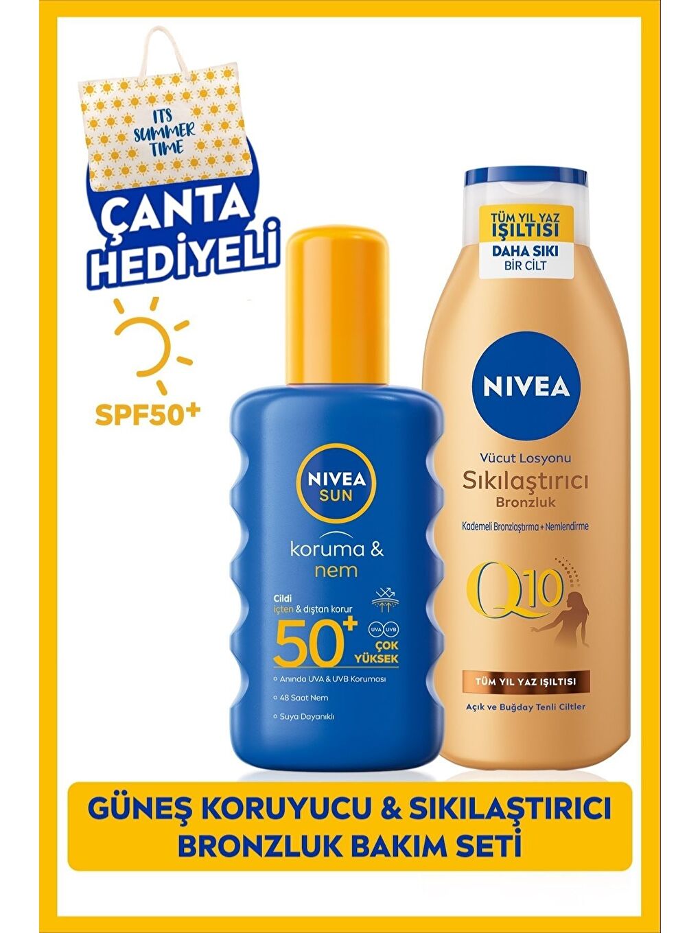 SUN Güneş Koruyucu Vücut Spreyi 200ml SPF50 ve Q10 Sıkılaştırıcı Bronzluk Losyon 200ml, Çanta Hediye
