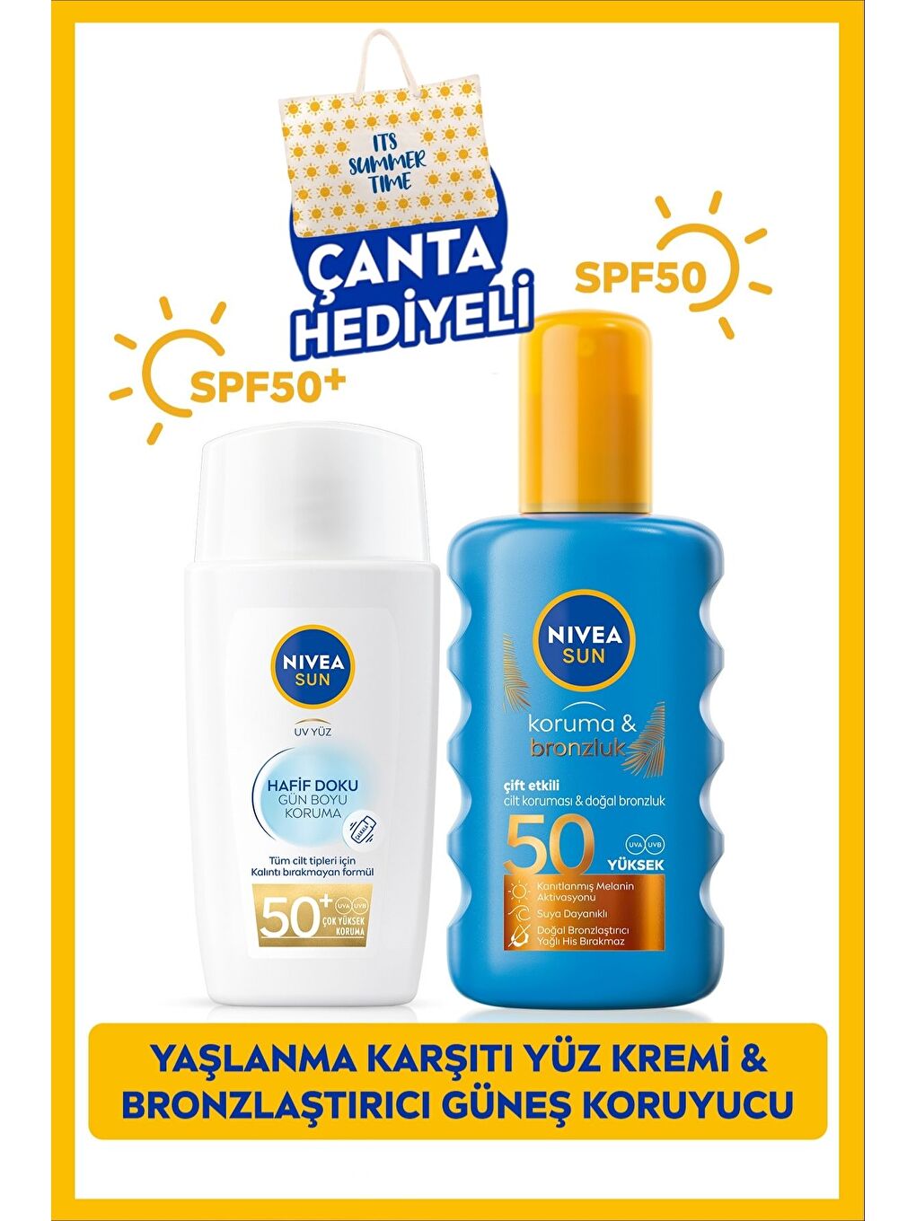 SUN Hafif Dokulu Güneş Yüz Kremi 40ml ve Koruyucu Bronzlaştırıcı Güneş Spreyi 200ml, SPF50, Çantalı