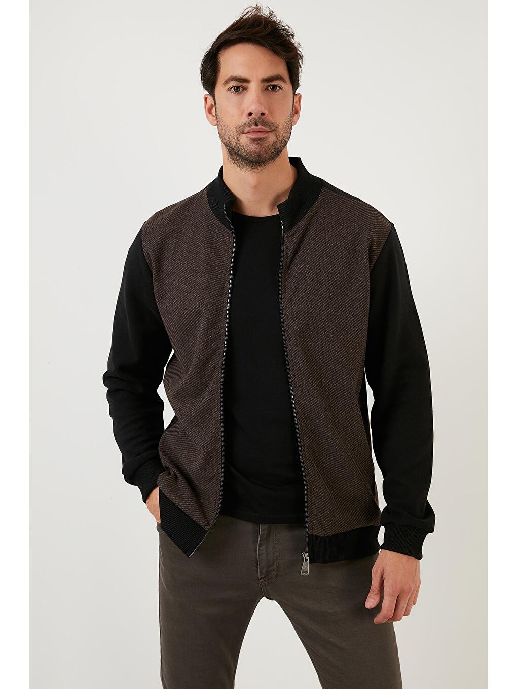 Kahverengi Pamuklu Regular Fit Fermuarlı Dik Yaka Hırka 59052112-3