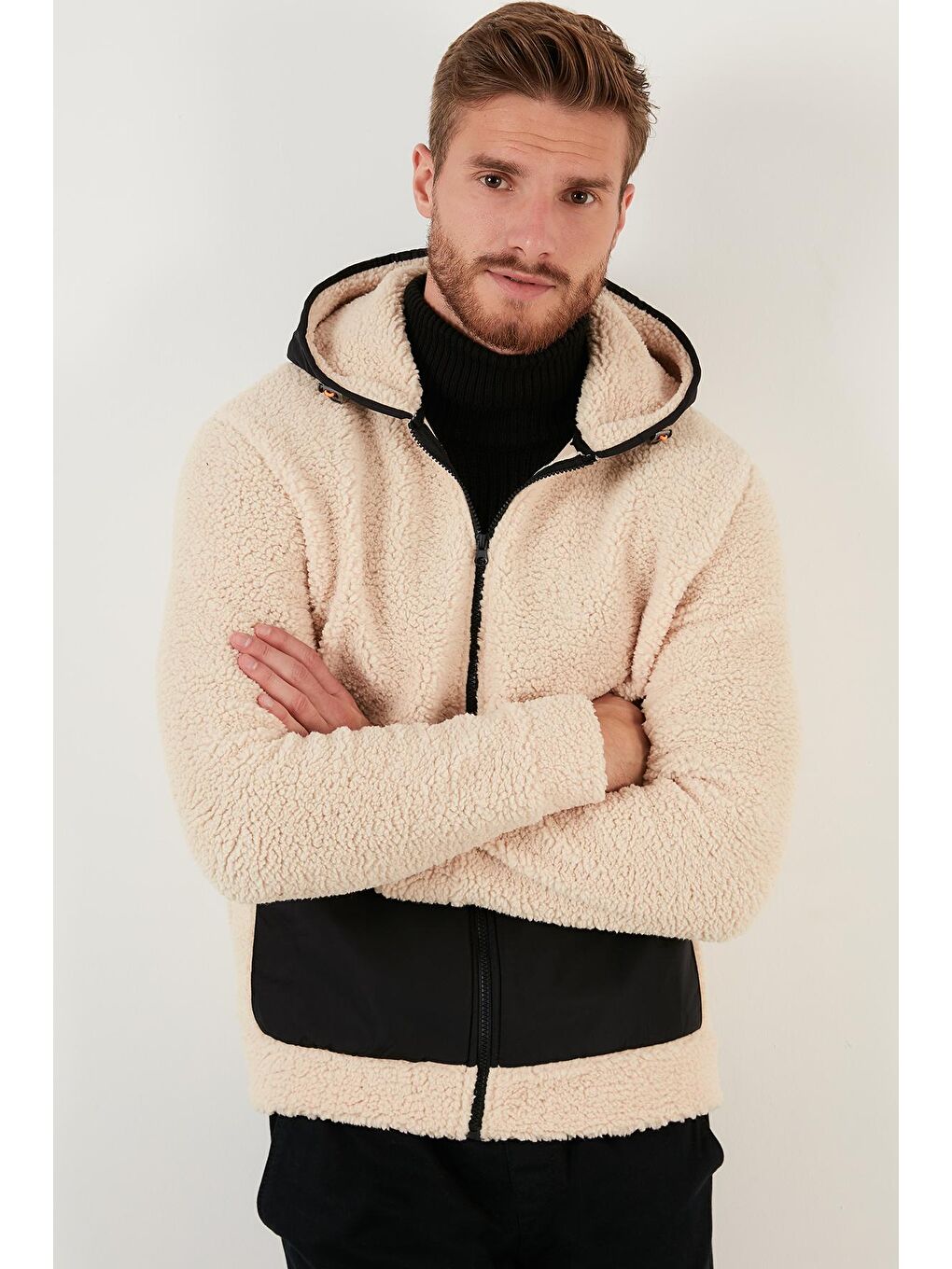 Ekru Regular Fit  Kapüşonlu Polar Fermuarlı Sweatshirt 5909005-3
