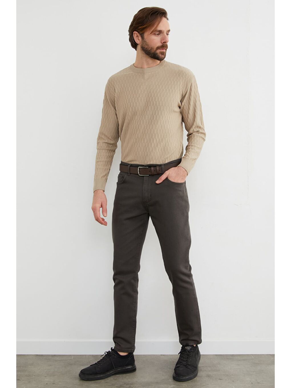 Kahverengi Fermuarlı Slim Fit Jean-1