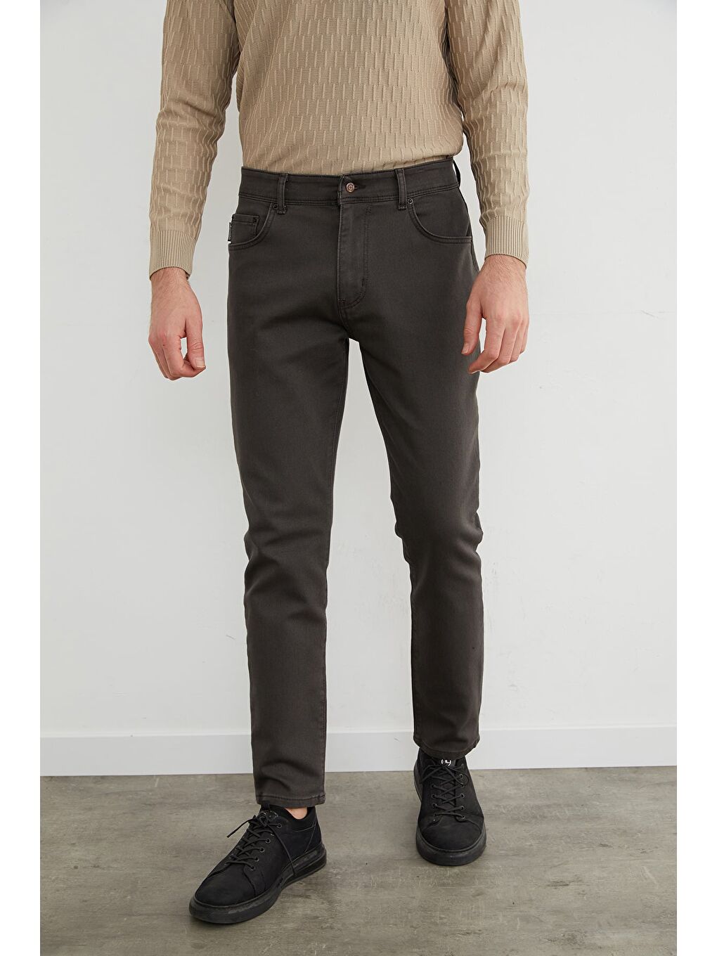 Kahverengi Fermuarlı Slim Fit Jean-4