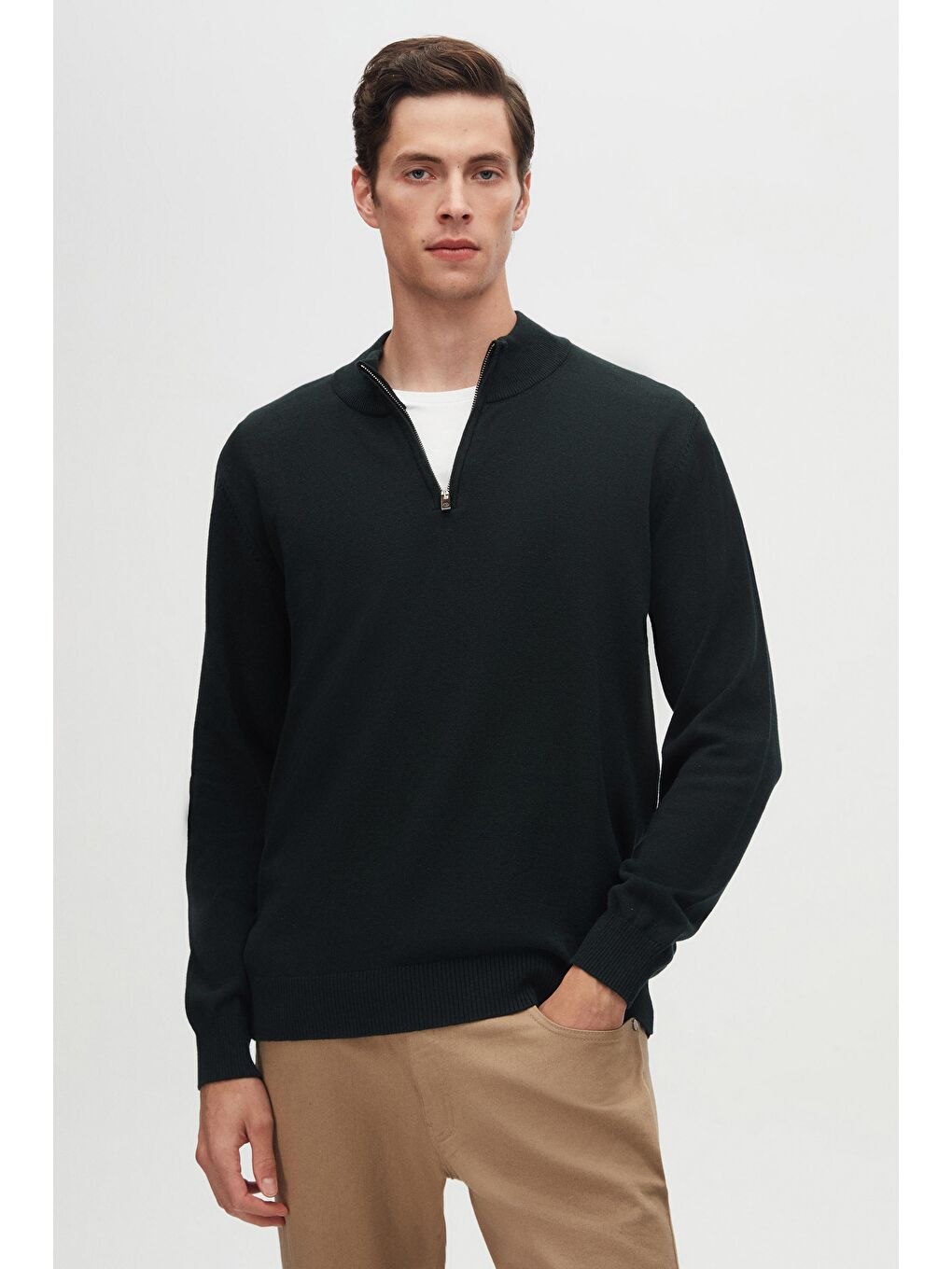 Slim Fit Haki Yarım Fermuarlı Triko Kazak