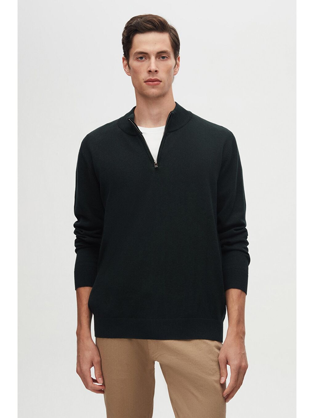 Slim Fit Haki Yarım Fermuarlı Triko Kazak-1