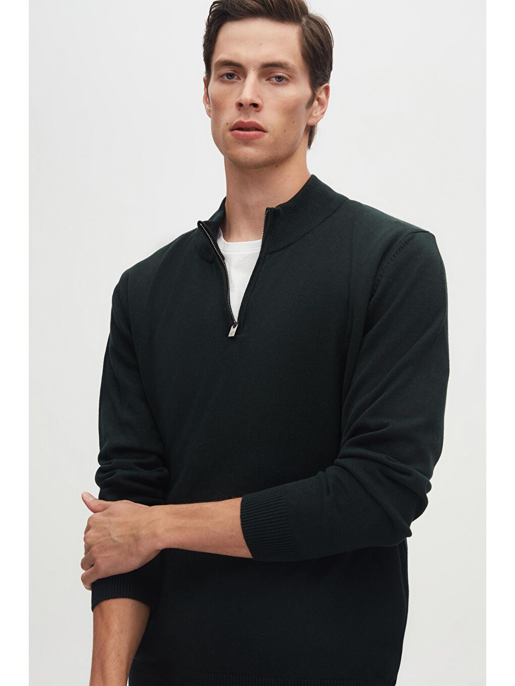 Slim Fit Haki Yarım Fermuarlı Triko Kazak-2