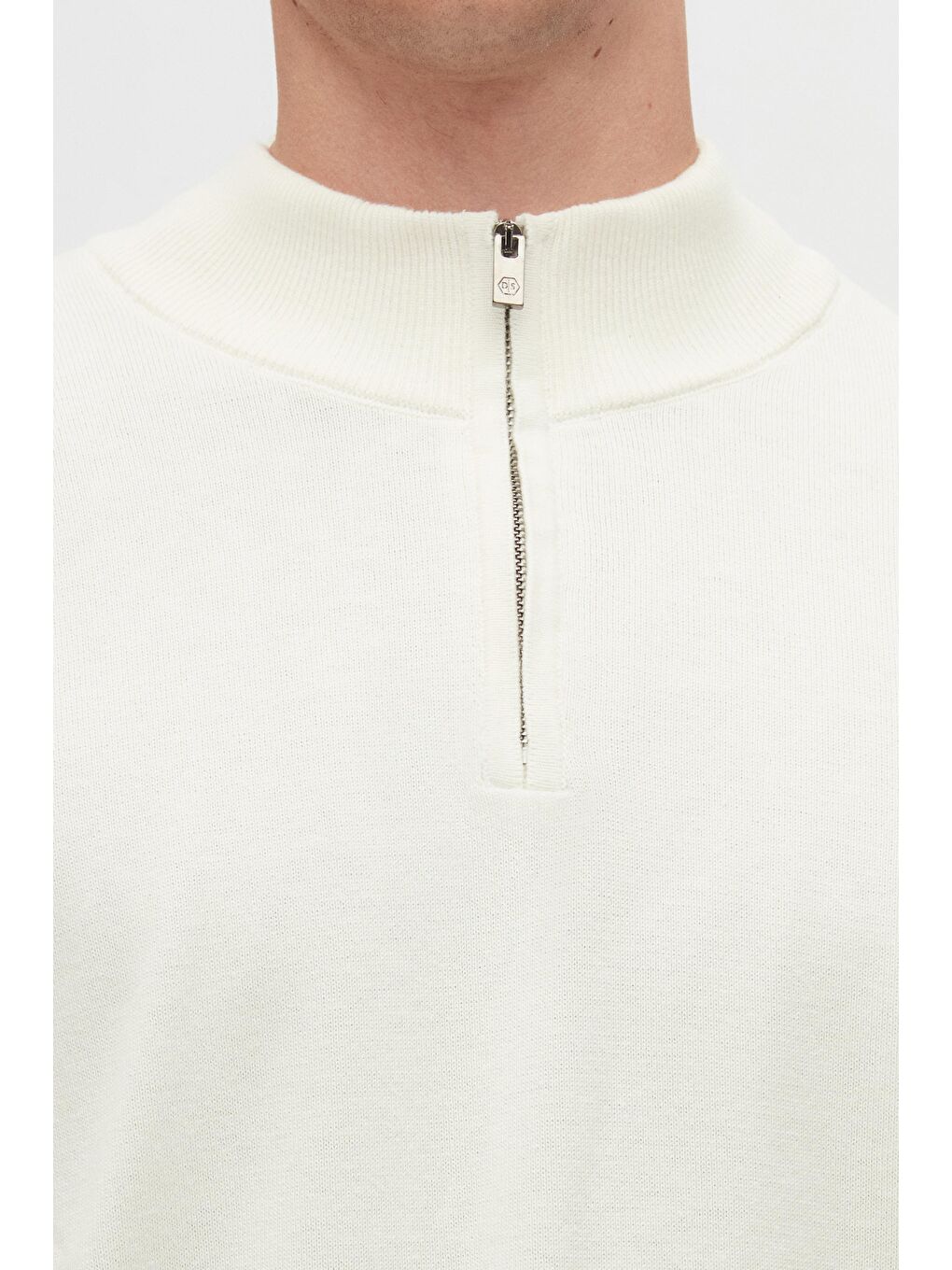 Slim Fit Ekru Yarım Fermuarlı Triko Kazak-2