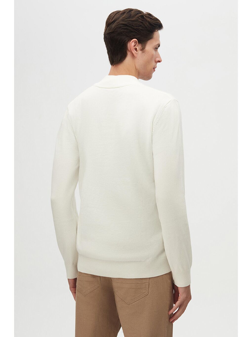 Slim Fit Ekru Yarım Fermuarlı Triko Kazak-3