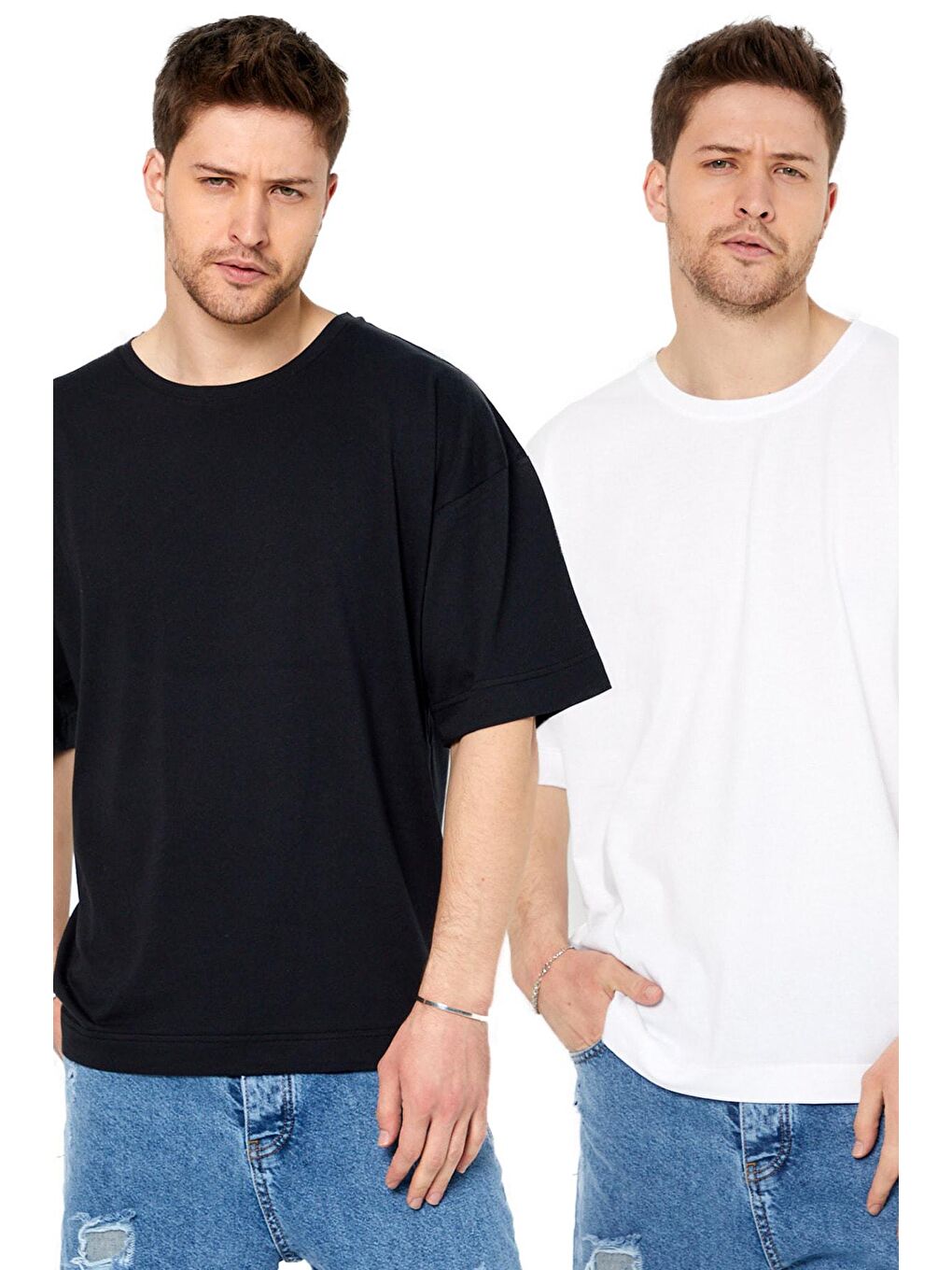 Siyah Erkek Çok Renkli 2'li Basic Oversize Bisiklet Yaka Kısa Kollu Tişört-1