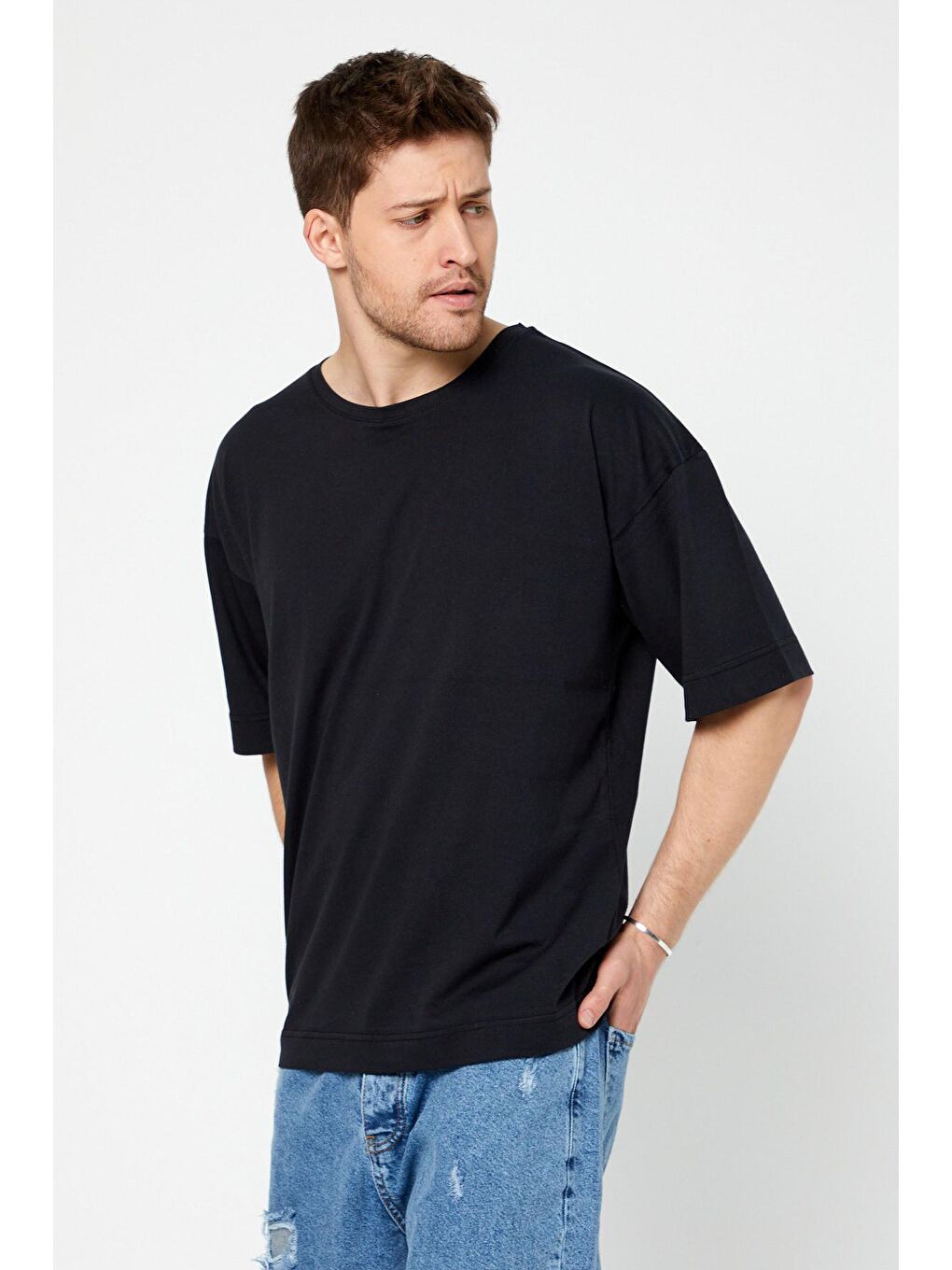 Siyah Erkek Çok Renkli 2'li Basic Oversize Bisiklet Yaka Kısa Kollu Tişört-3