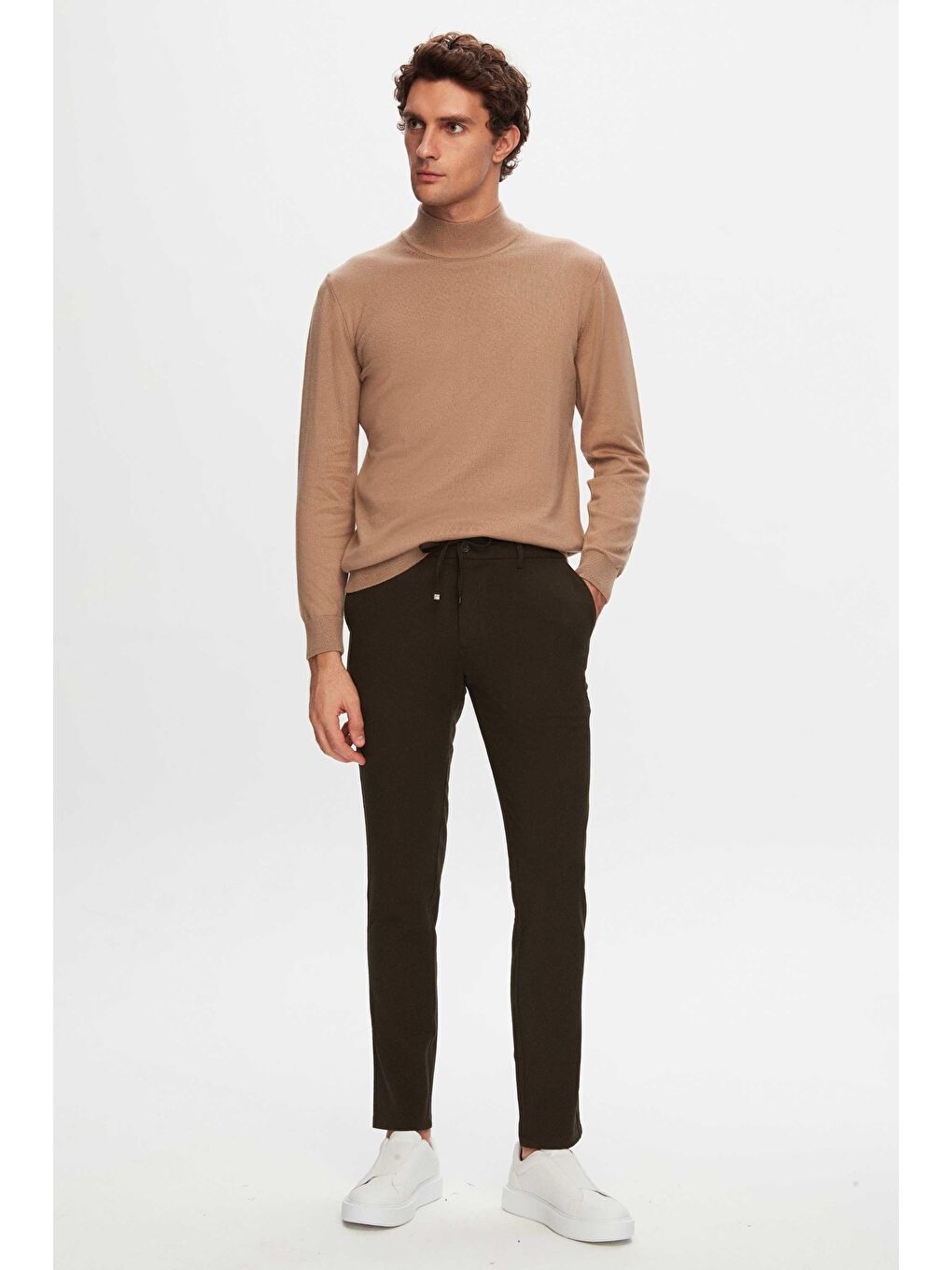 Regular Fit Bej Pamuk Karışımlı Yarım Balıkçı Triko Kazak-5